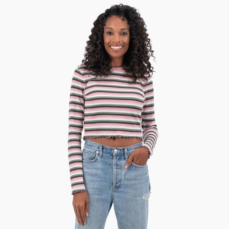 Women\'s Dickies Striped Long Sleeve Cropped T-Shirt Green | 4956137-MC