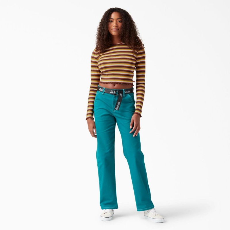 Women's Dickies Striped Long Sleeve Cropped T-Shirt Yellow | 8402371-TO