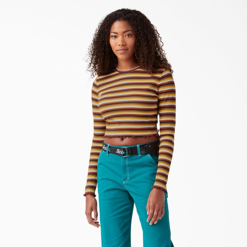 Women\'s Dickies Striped Long Sleeve Cropped T-Shirt Yellow | 8402371-TO