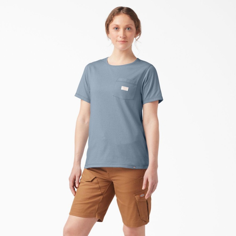 Women's Dickies Traeger x Pocket T-Shirt Blue | 1698732-OX