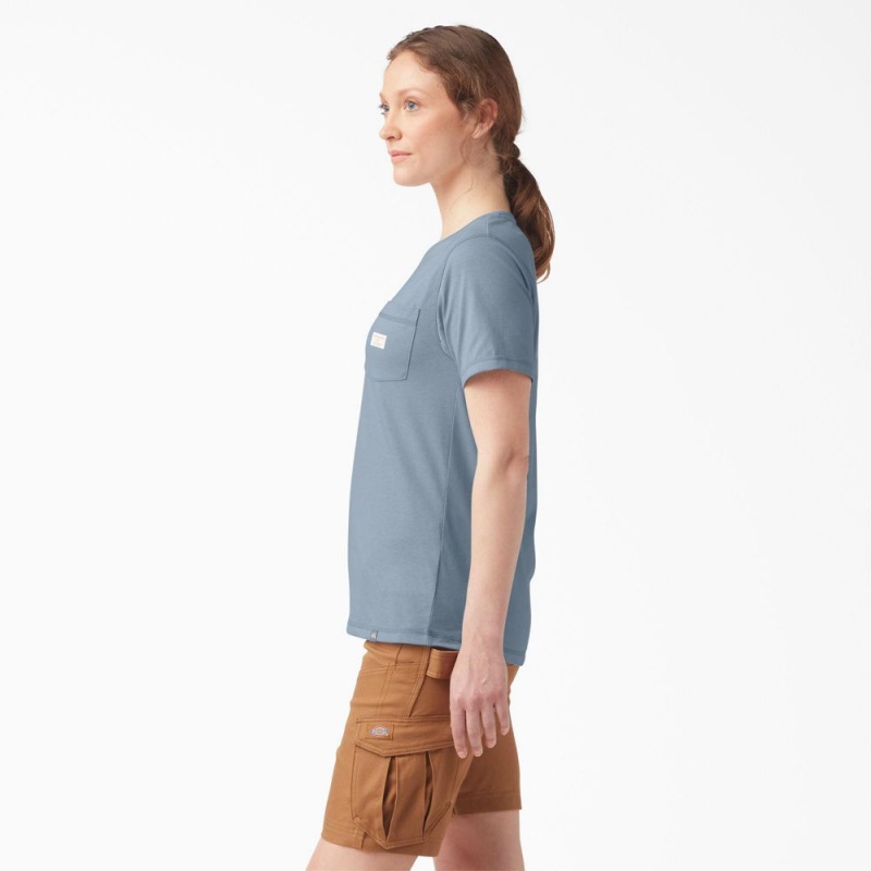 Women's Dickies Traeger x Pocket T-Shirt Blue | 1698732-OX