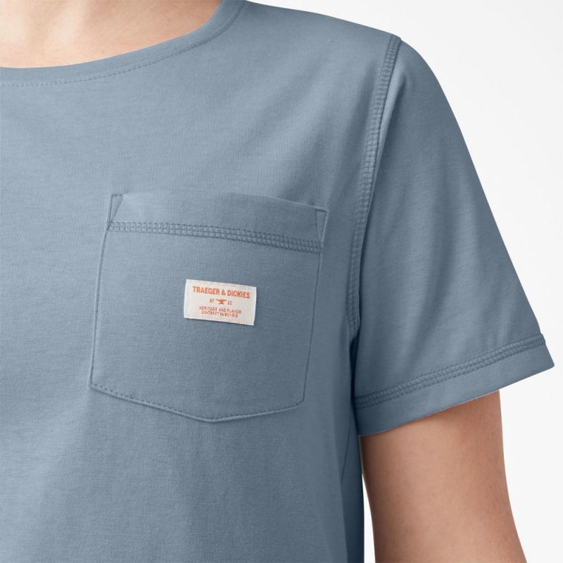 Women's Dickies Traeger x Pocket T-Shirt Blue | 1698732-OX