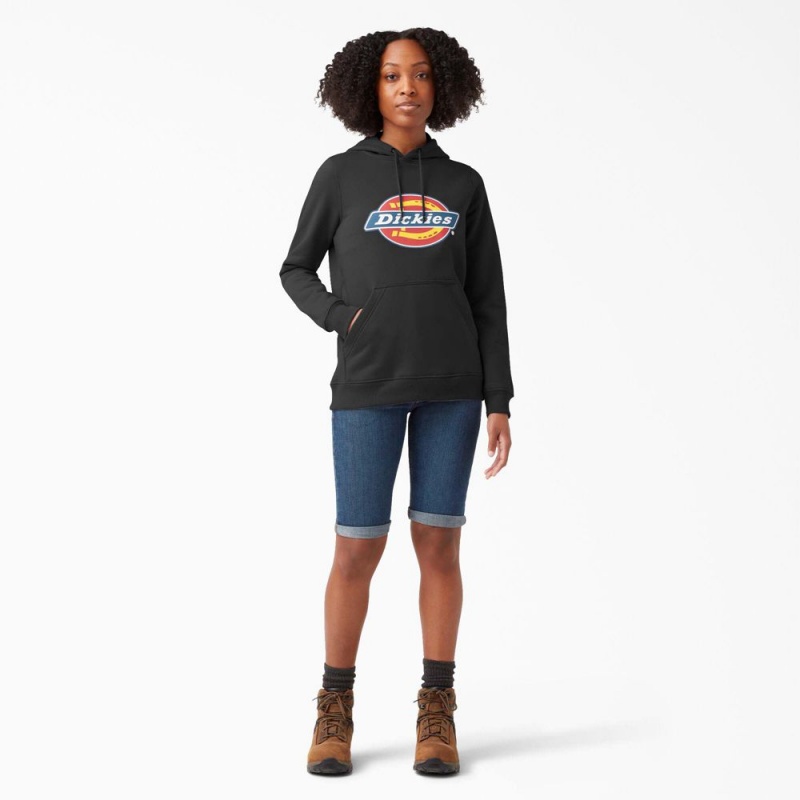 Women's Dickies Water Repellent Logo Hoodie Black | 0632514-BV