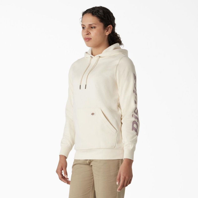 Women's Dickies Water Repellent Sleeve Logo Hoodie White | 1264097-LX