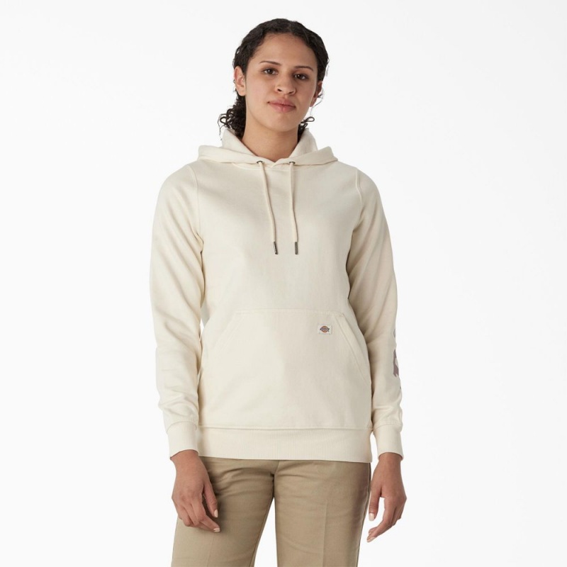 Women\'s Dickies Water Repellent Sleeve Logo Hoodie White | 1264097-LX