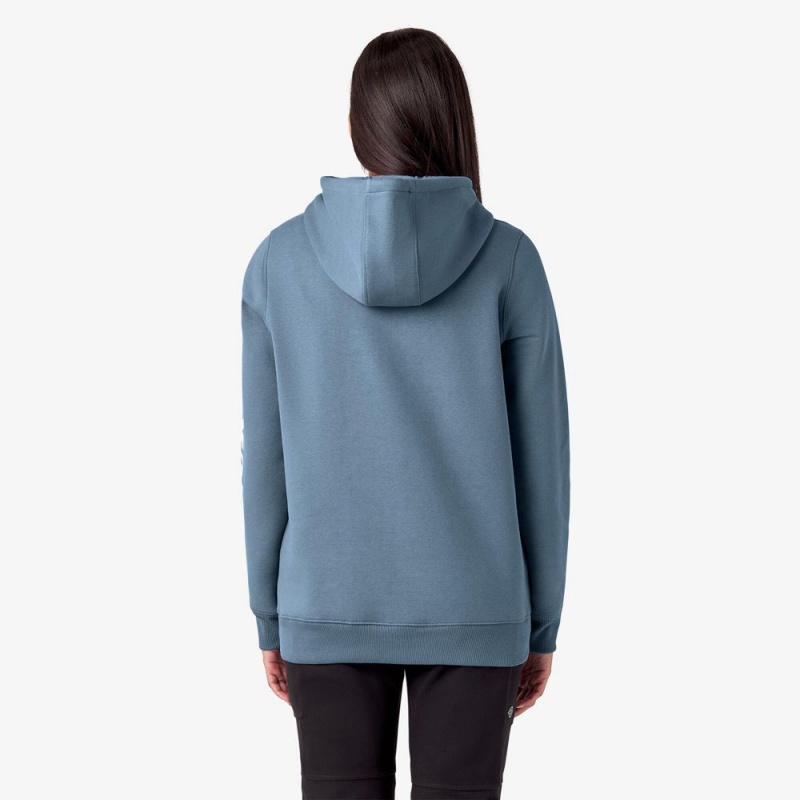 Women's Dickies Water Repellent Sleeve Logo Hoodie Blue | 7546281-NB