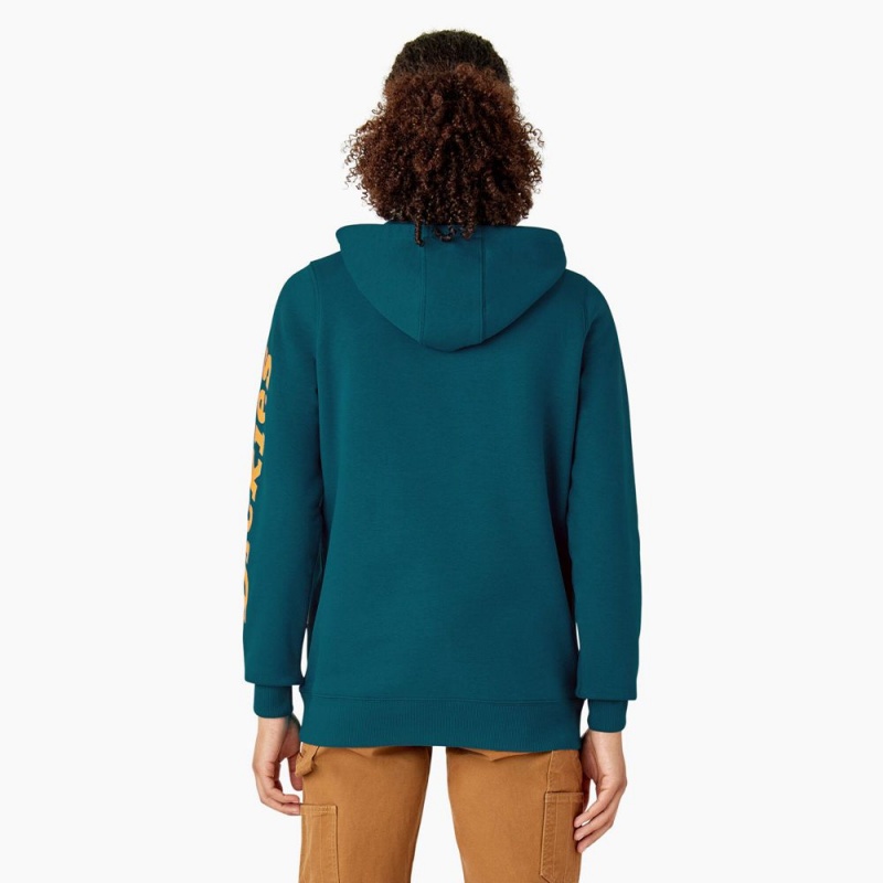 Women's Dickies Water Repellent Sleeve Logo Hoodie Blue | 9057231-DF