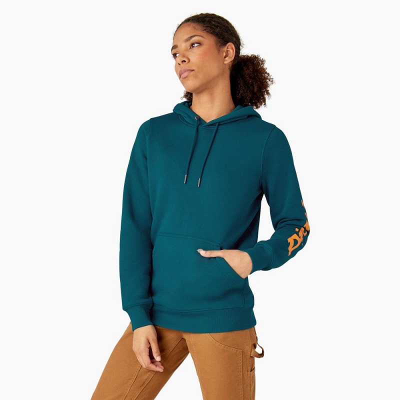 Women's Dickies Water Repellent Sleeve Logo Hoodie Blue | 9057231-DF