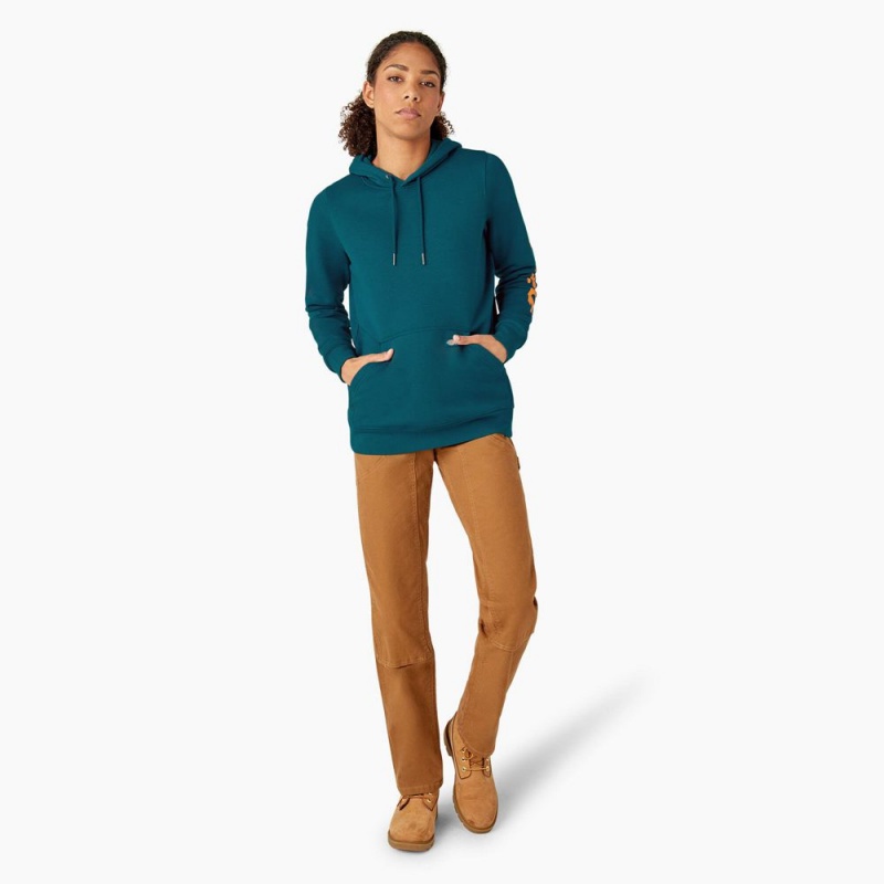 Women's Dickies Water Repellent Sleeve Logo Hoodie Blue | 9057231-DF