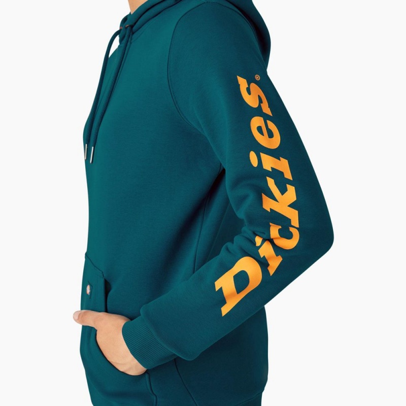 Women's Dickies Water Repellent Sleeve Logo Hoodie Blue | 9057231-DF